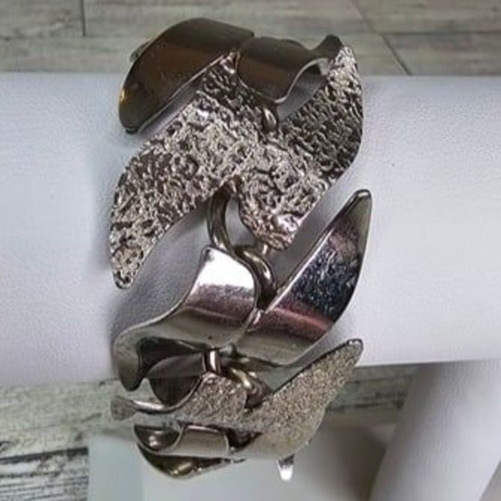 Vintage LERU Silver Tone Smooth & Textured Link on Chain Bracelet 7"L